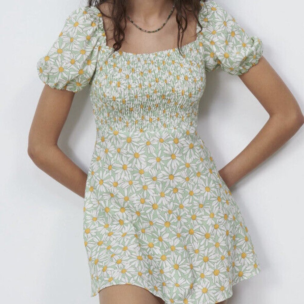 NWOT ZARA Floral Daisy Printed Linen Blend Dress Straight Neckline